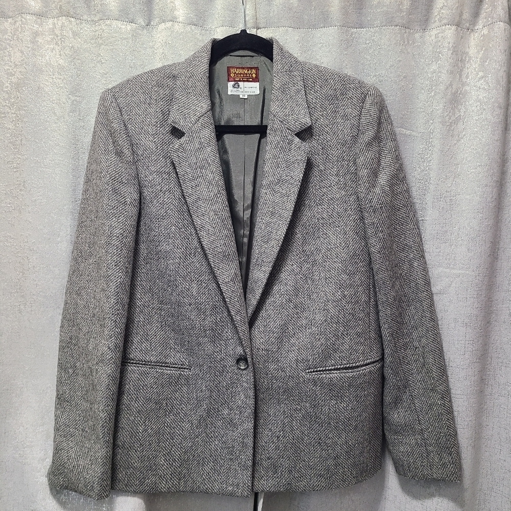 Vtg Harrington Square‎ Herringbone Tweed Wool Blend Blazer 10 Hong Kong